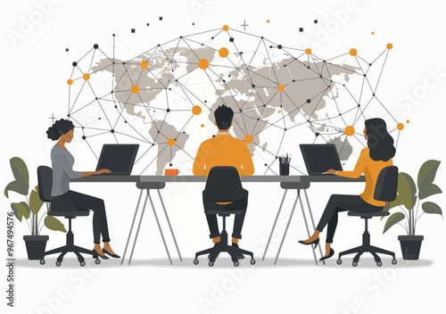 Remote Team Teleconferencing Network Communication Business Meeting with World Map Background Minimalistic Vector Illustration