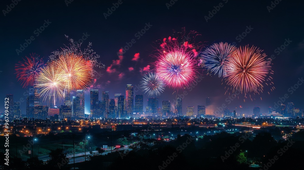 Fireworks Display Over a City Skyline at Night Fireworks Display Over a City Skyline at Night