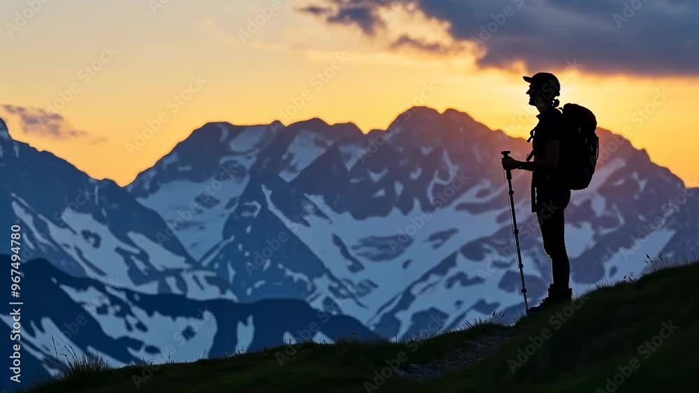 Hiker with backpack and trekking poles enjoying a breathtaking mountain view at sunset. Hiker with backpack and trekking poles enjoying a breathtaking mountain view at sunset.