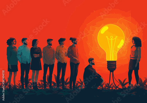 Team Brainstorming New Project Concept at Night with Bright Light Bulb Illumination Symbolizing Ideas and Innovation - Minimalistic Vector Illustration