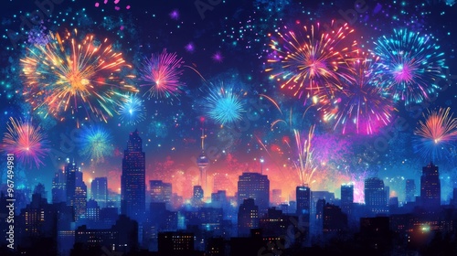 Colorful Fireworks Display Over a Silhouetted Cityscape at Night