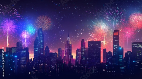 Cityscape with Vibrant Fireworks Display at Night