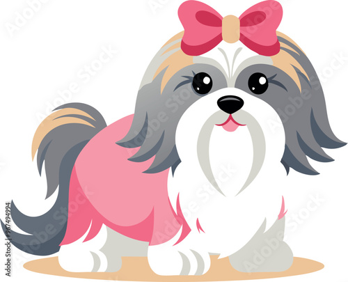 A cartoon dog wearing a pink dress and a pink bow. The dog is looking at the camera