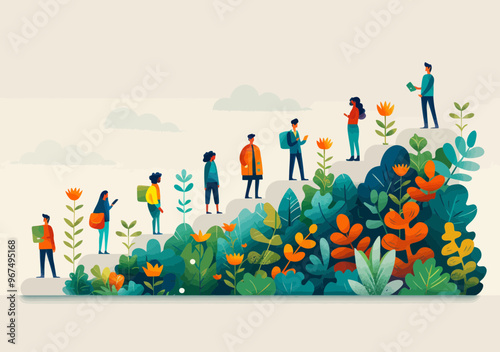 Professional Career Growth Journey Illustrated with Minimalistic Vector Art Depicting Diverse People Climbing Mountain with Flowers Representing Development and Progress