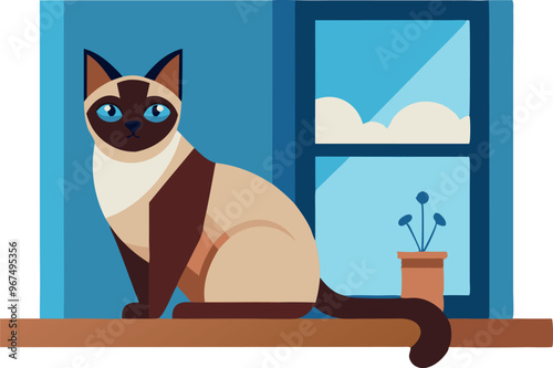 A cat is sitting on a windowsill next to a potted plant
