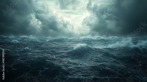 A cinematic view of stormy, dark clouds rolling over the ocean, with a faint light breaking through the horizon. Smooth details and noise reduction create a dramatic seascape.