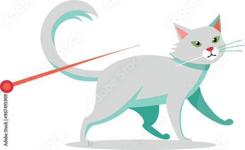 A white cat is walking with a red ball in its mouth. The cat is looking at the camera with a look of determination