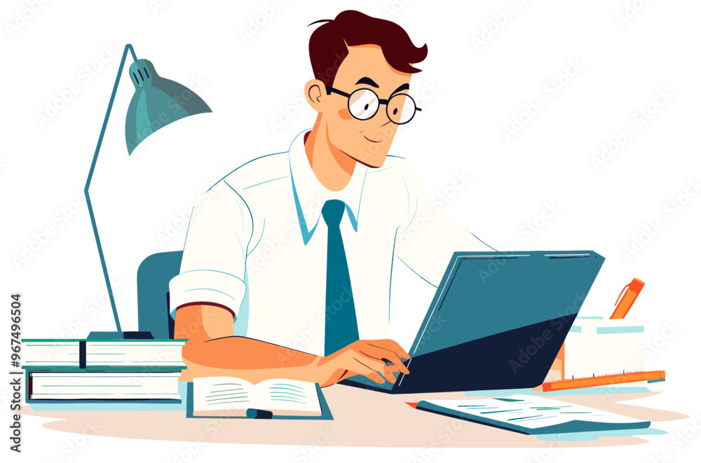Professional male Accountant working in the office. Flat design illustration, simple vector graphics Professional male Accountant working in the office. Flat design illustration, simple vector graphics