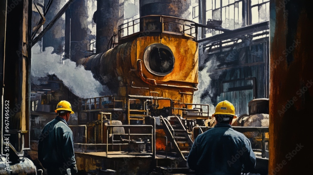Two Workers Standing Near Industrial Machinery With Smoke Two Workers Standing Near Industrial Machinery With Smoke