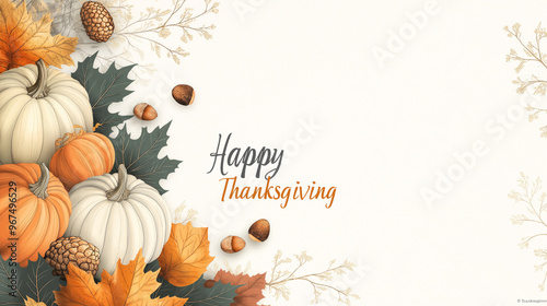 Elegant corporate Thanksgiving card featuring pumpkins and autumn leaves with space for a personalized message in warm colors