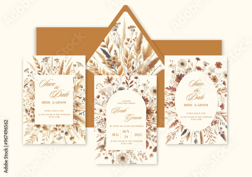 Watercolor invitation featuring a delicate wildflower frame in soft autumn neutral tones. The autumn wildflowers.