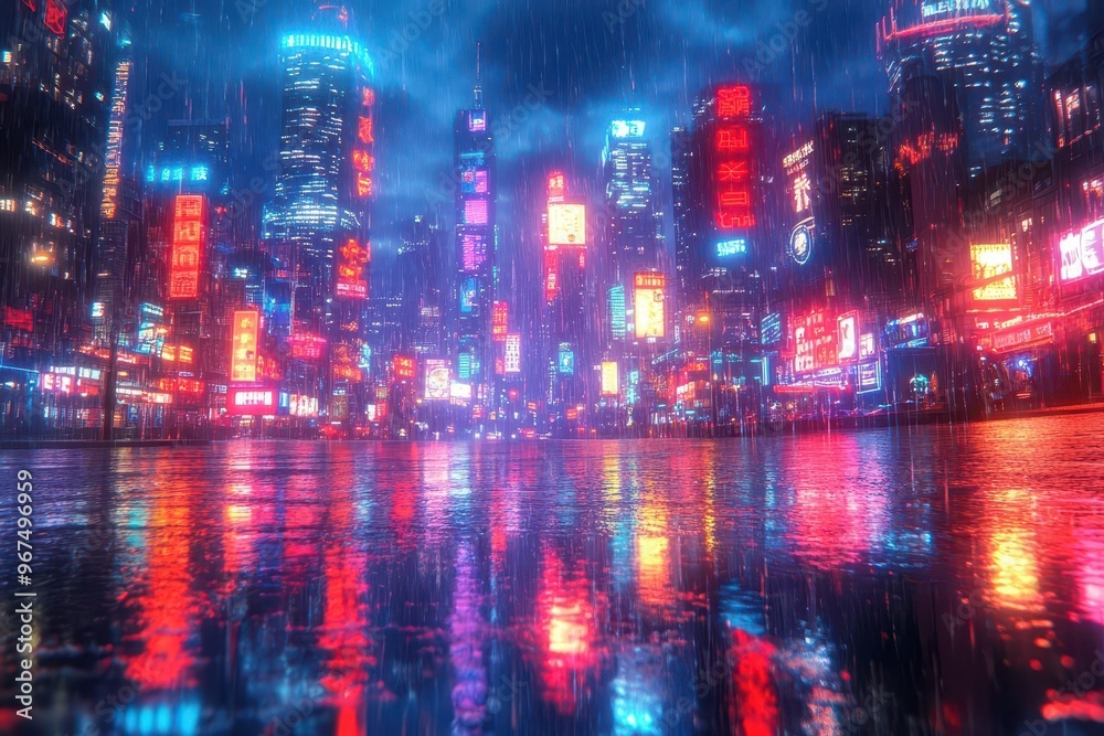 Fototapeta premium neon cityscape at night skyscrapers silhouetted against vibrant blue electric sky futuristic urban landscape with glowing signs and reflections in rainslicked streets