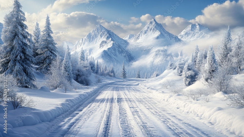 A mountain road covered in snow, with tire tracks leading through a winter wonderland of snow-capped peaks and frosty trees A mountain road covered in snow, with tire tracks leading through a winter wonderland of snow-capped peaks and frosty trees