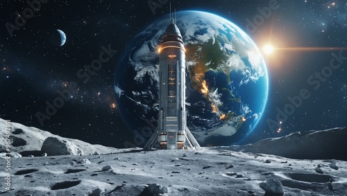Razzo spaziale sulla luna con visuale terra