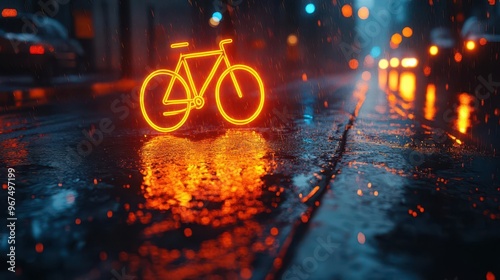 neonilluminated bicycle lane symbol glowing against dark urban backdrop futuristic cityscapes reflected in puddles photo