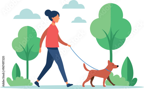 A woman is walking her dog in a park. The park is filled with trees and bushes, creating a peaceful and relaxing atmosphere
