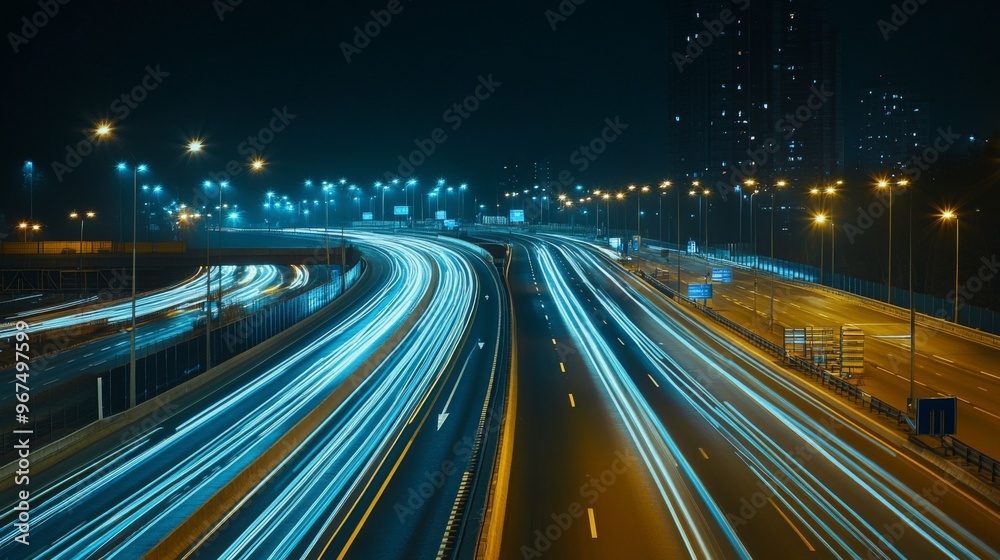 A night scene of an expressway illuminated by streetlights, with vehicles creating light trails and a sense of motion and activity. A night scene of an expressway illuminated by streetlights, with vehicles creating light trails and a sense of motion and activity.