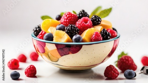 one bowl of fruit salad with mixed berries and fruits in a transparent glass bowl isolated on a white background