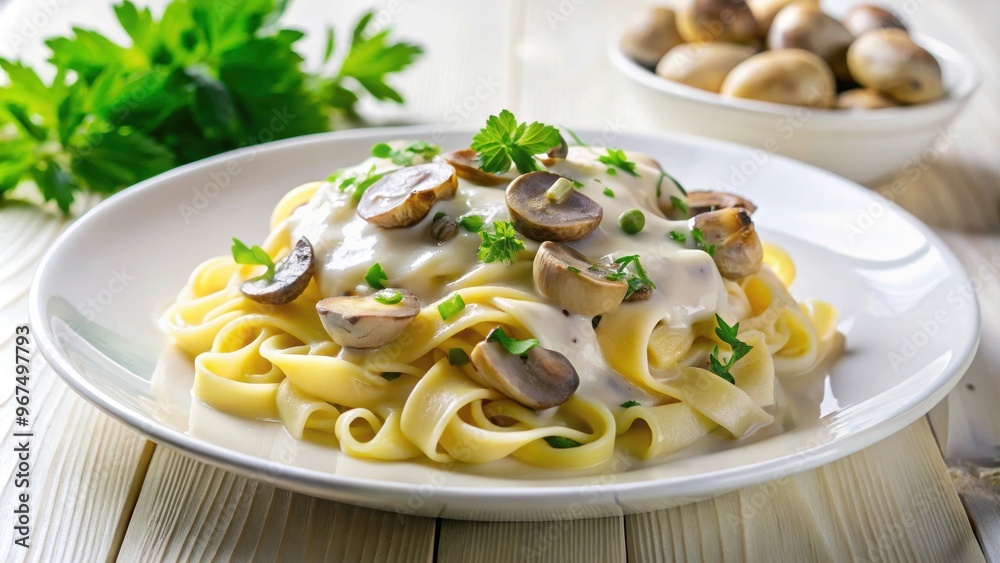 Pasta with saut?ed mushrooms in a creamy sauce on a white plate, pasta, mushrooms, food, Italian, cuisine, dinner, dish Pasta with saut?ed mushrooms in a creamy sauce on a white plate, pasta, mushrooms, food, Italian, cuisine, dinner, dish