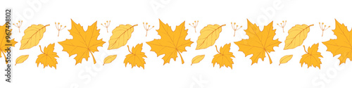 Vector edging, ribbon, border from colorful autumn leaves. Nature, autumn, summer seamless pattern, ornament, decorative element, decoration in doodle flat style