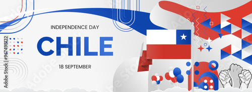 Modern banner for Chile national independence day. National day greeting card in Chilean flag colors, typography and hands raised in enthusiasm.