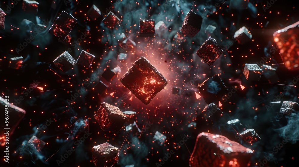 A dynamic scene of floating, glowing cubes amidst swirling smoke and sparks. A dynamic scene of floating, glowing cubes amidst swirling smoke and sparks.