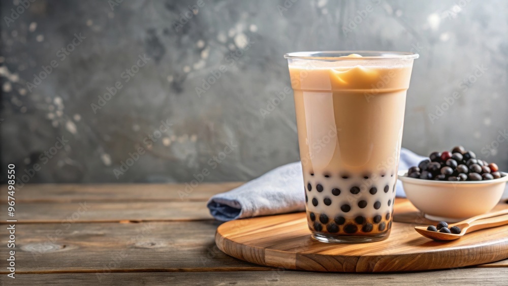 of a refreshing bubble tea or boba milk tea with pearls and creamy milk ...