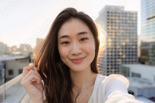 A beautiful Asian woman with long hair, smiling and taking a selfie on the rooftop of a building in the city. She is wearing a white blouse and holding