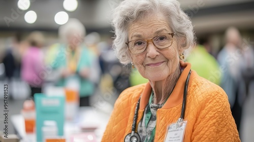Elderly woman attending a community health fair, learning about various health resources, senior health fair, public health outreach