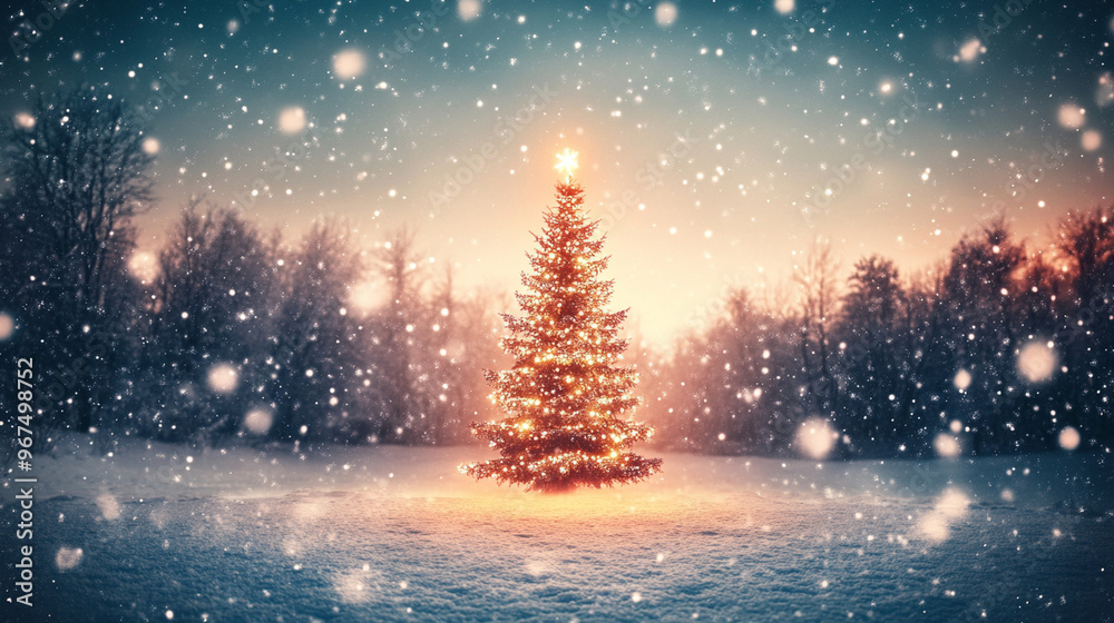 Naklejka premium Christmas background, snowy landscape with a glowing Christmas tree in the center, soft twilight sky with stars and snow gently falling, peaceful and festive.