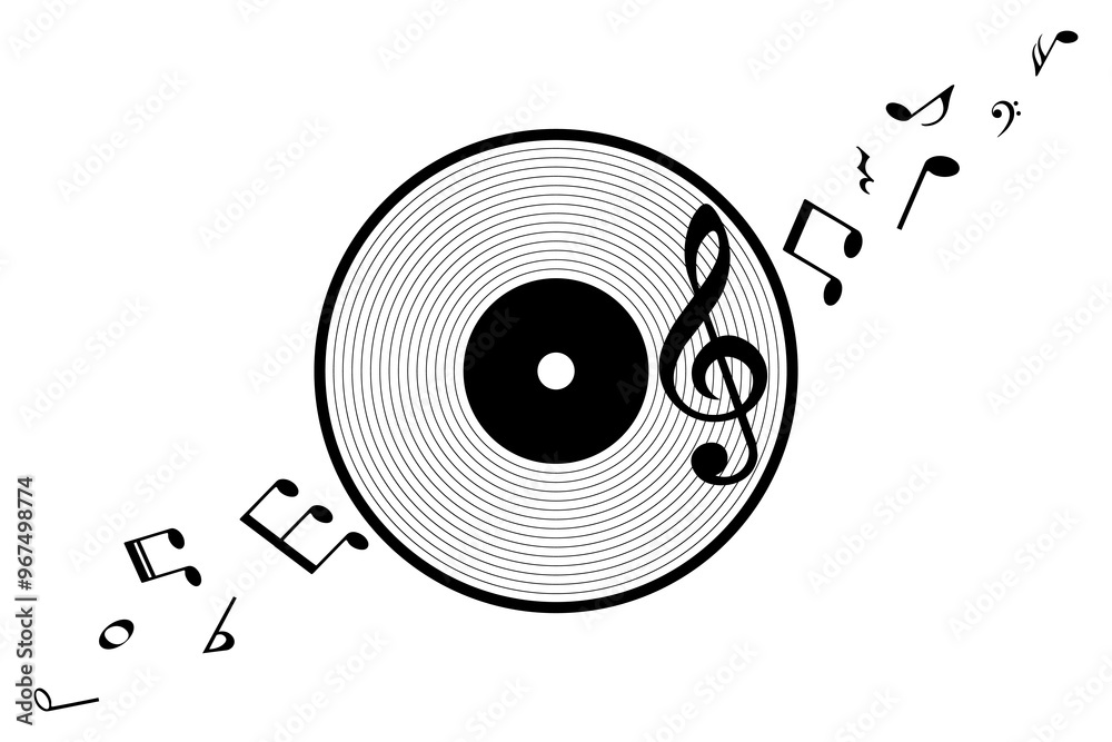 Music notes with record vinyl disc, isolated musical vector illustration. Music notes with record vinyl disc, isolated musical vector illustration.