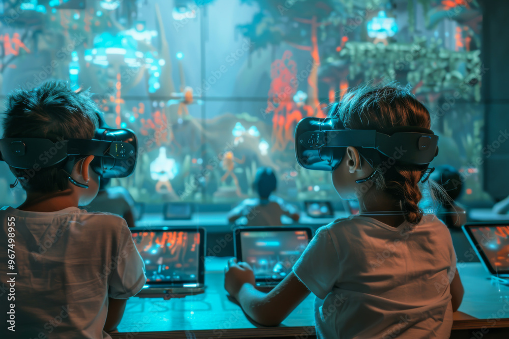 Group of diverse children wearing safety goggles, engaged in a science experiment with colorful lights in a dark room Group of diverse children wearing safety goggles, engaged in a science experiment with colorful lights in a dark room