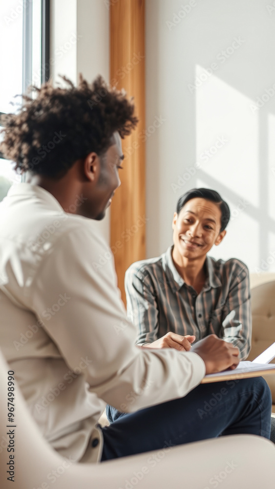 Two young men discussing business over coffee Two young men discussing business over coffee