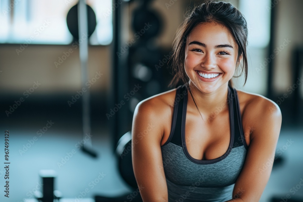 Portrait of a beautiful smiling sport Asian woman sitting in a gym Portrait of a beautiful smiling sport Asian woman sitting in a gym