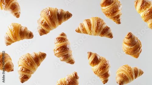 Crispy croissants float through the air against a white background. These buttery French pastries are a delightful treat.