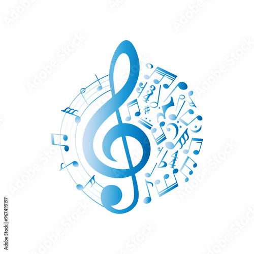 Music notes, round shape musical element, blue gradient symbols, vector illustration. photo