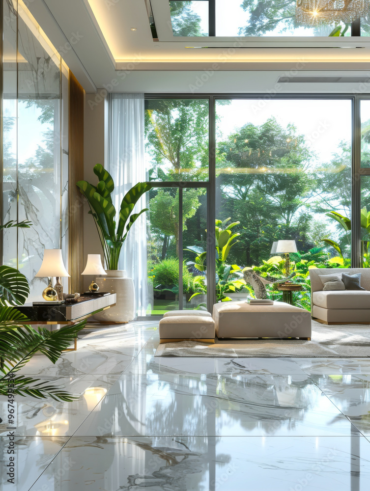 Fototapeta premium Modern style luxury white living room with garden view