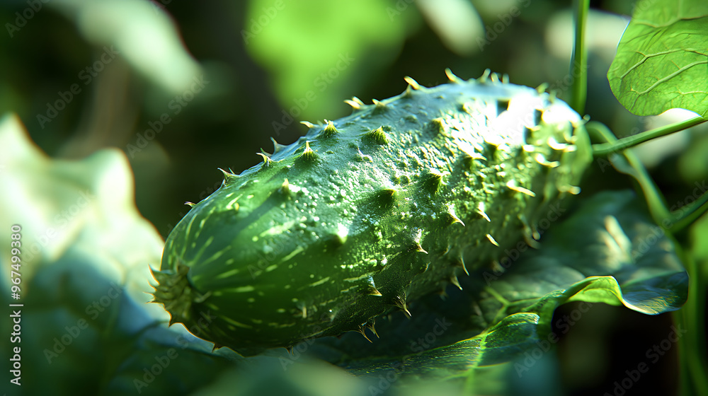 Naklejka premium Close-Up Shot of a Fresh Cucumber on the Vine with Textured Green Skin Covered in Tiny Prickles