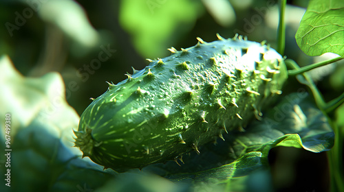 Close-Up Shot of a Fresh Cucumber on the Vine with Textured Green Skin Covered in Tiny Prickles photo