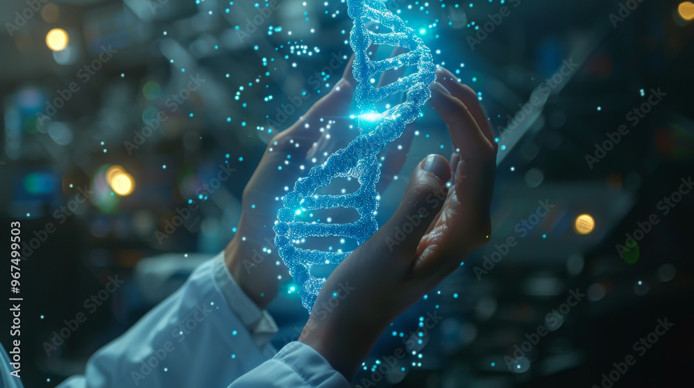 Medicine doctor holding blue helix DNA structure on hologram modern virtual screen interface and diagnose healthcare on digital network Medicine doctor holding blue helix DNA structure on hologram modern virtual screen interface and diagnose healthcare on digital network