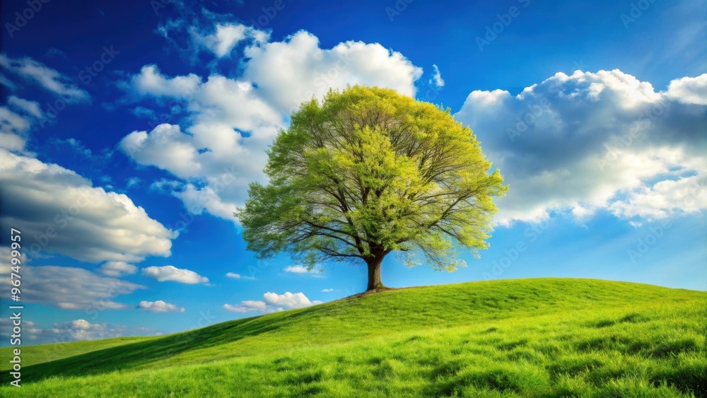 Obraz premium of tree budding on grassy hillside in Spring against blue sky with clouds, tree, grassy, hillside, leaves, blossom, buds