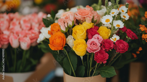 A colorful bouquet of fresh flowers in a florist shop with a blurred background.