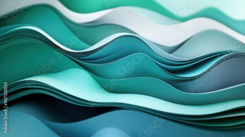 Abstract background with waves of green, blue, and gray colors in the form of paper or fabric. close up.