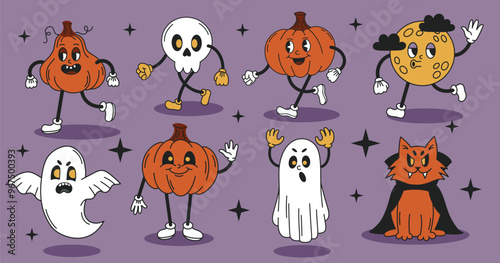 Halloween set of groovy elements.Cute scary characters in a retro cartoon style. Vector illustration