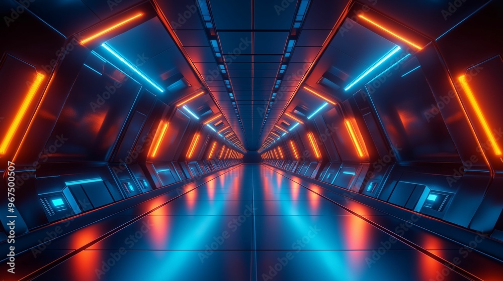 A glowing futuristic tunnel with vibrant blue and orange neon lights, creating a sci-fi atmosphere with sleek, metallic walls and a long corridor. A glowing futuristic tunnel with vibrant blue and orange neon lights, creating a sci-fi atmosphere with sleek, metallic walls and a long corridor.