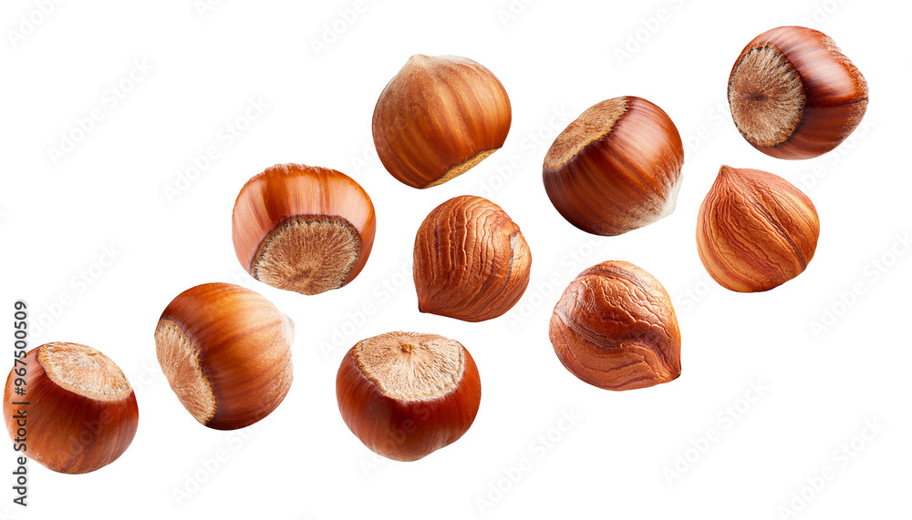 Hazelnuts falling isolated on white background, cut out, transparent Hazelnuts falling isolated on white background, cut out, transparent