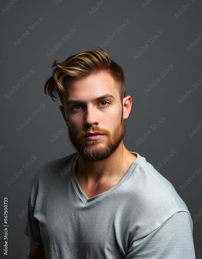 Fototapeta premium Caucasian male model, close-up of face, studio background, gray background