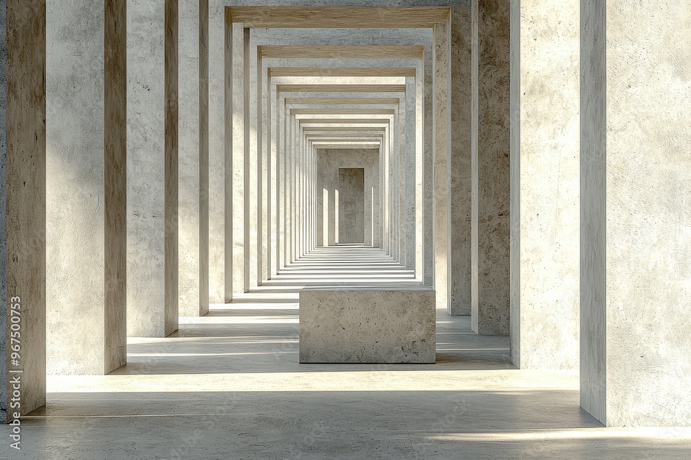 Symmetrical architectural corridor with repeating arches and columns Symmetrical architectural corridor with repeating arches and columns