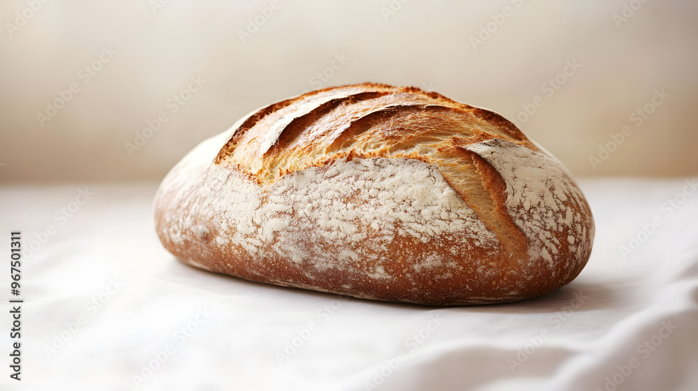 Close-Up of a Freshly Baked Loaf of Rustic Bread with a Crunchy Golden Crust Against a Light Beige Background Close-Up of a Freshly Baked Loaf of Rustic Bread with a Crunchy Golden Crust Against a Light Beige Background