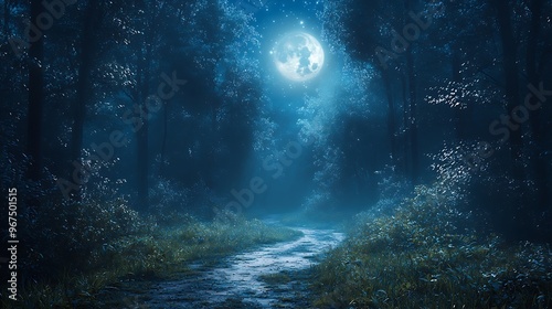 A mystical forest path under a full moon and starry night creates an enchanting, dreamlike scene.